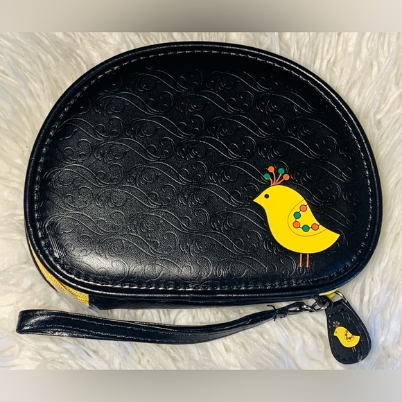 Black and Yellow Wristlet Wallet with Partridge Decoration - Picture 1 of 6